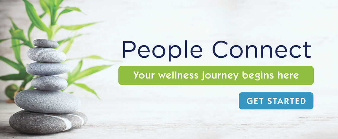 Stacked formation of pebbles in front of bamboo leaves. Text displays: “People Connect. Your wellness journey begins here. Get Started.”