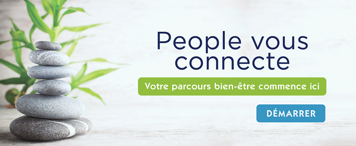 Image de cailloux empilés devant des feuilles de bambou. À droite, on peut lire : « People vous connecte. Votre parcours bien-être commence ici. Démarrer. »