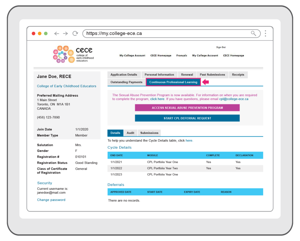 Screenshot of the Continuous Professional Learning tab in My College Account. The CPL tab is highlighted.