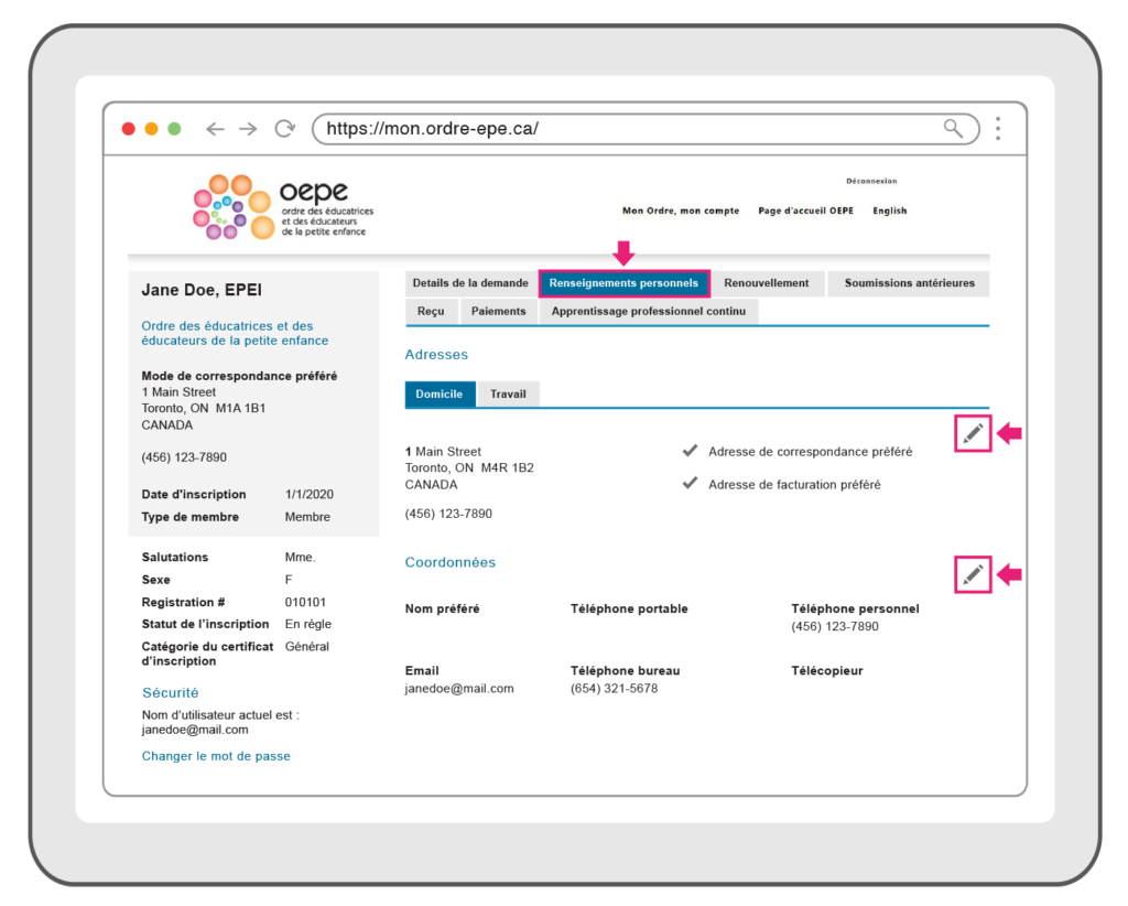 Capture d’écran de l’onglet Renseignements personnels dans Mon Ordre, mon compte. L’onglet en question ainsi que l’icône crayon sur le côté droit sont surlignés.