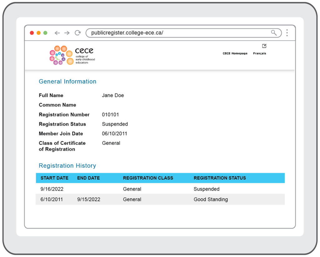 Screenshot of the public register’s general information and registration history.