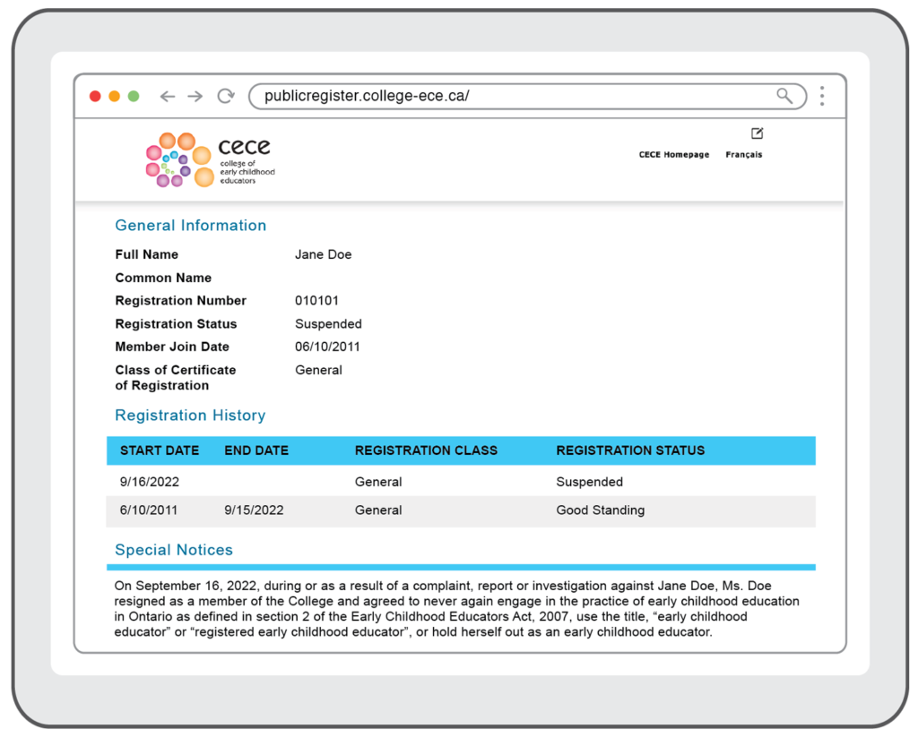 Screenshot of the public register’s general information, registration history, and special notices