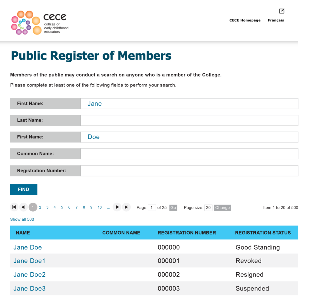 Screenshot of the Public Register search page.