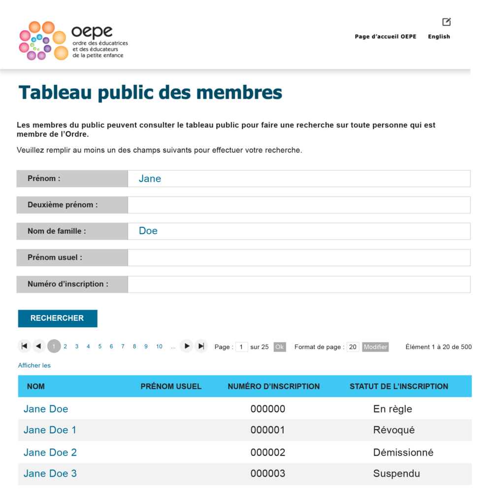 Capture d’écran de la page de recherche du Tableau public des membres.