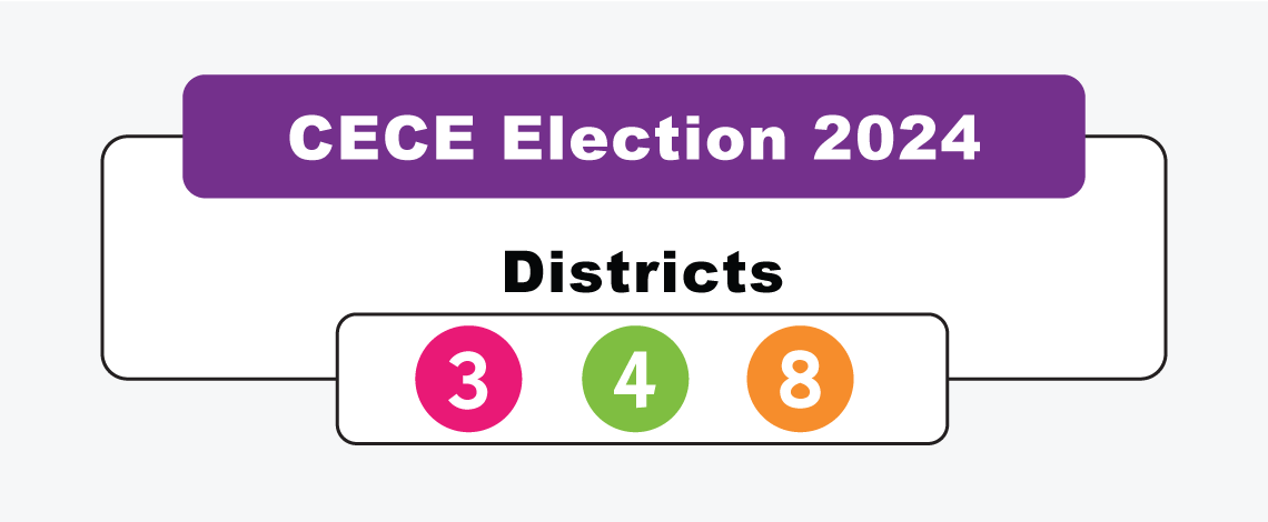 Text displays: CECE Elections 2024. Districts 3, 4 & 8. 